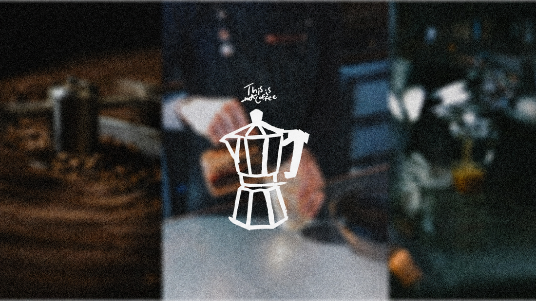 White moka pot illustration with This Is Not Coffee logo over a blurred, grainy coffee background showing brewing and café scenes