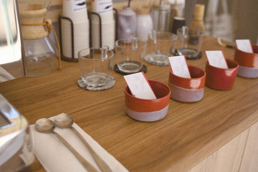 Cupping bowls lined up on a wooden counter, each with a tasting card
